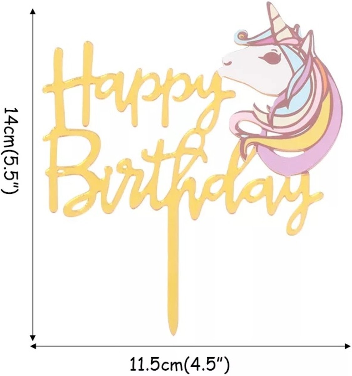 Cake topper happy birthday unicorn 1 |Goud | Eenhoorn taart versiering | DM-products